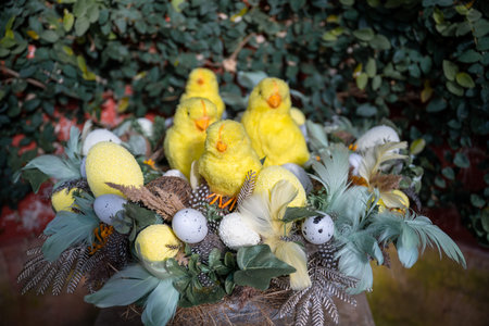 Easter nest with yellow chicks, speckled eggs, and feathers on natural background