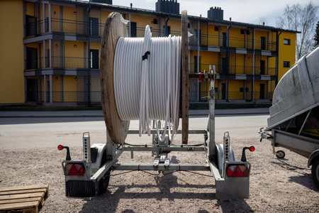 Huge industrial wooden cable spool with coiled white cable on a mobile trailerの写真素材