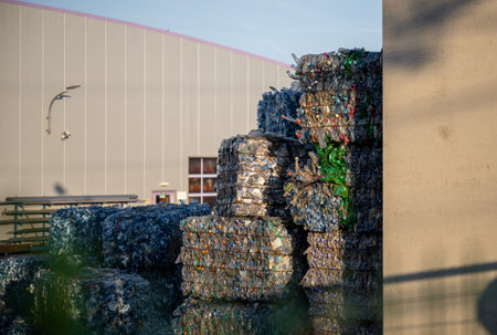 Compressed plastic bottles stacked outside recycling facility in sunlightの写真素材