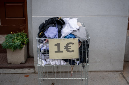 Used clothing in a metal crate with a 1 euro sign, placed outdoors, concept of thrift shoppingの写真素材