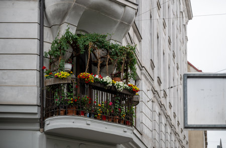 Old building balcony decorated with summer plants and flowers in Vienna, Austriaの写真素材