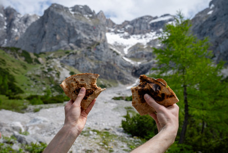Hands holding grilled flatbreads with alpine mountains in the backgroundの写真素材