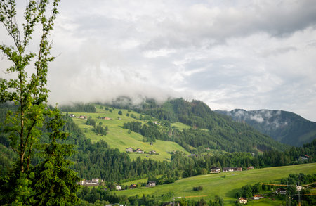 Misty morning over green alpine valley with scattered houses in Austrian countryside