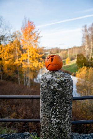 Carved Halloween pumpkin on stone pillar with autumn forest backgroundの写真素材