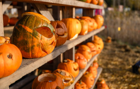 Funny carved Halloween pumpkins on wooden shelf at autumn festivalの写真素材