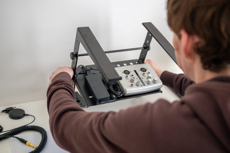 person adjusting ergonomic metal laptop stand on white desk in home office