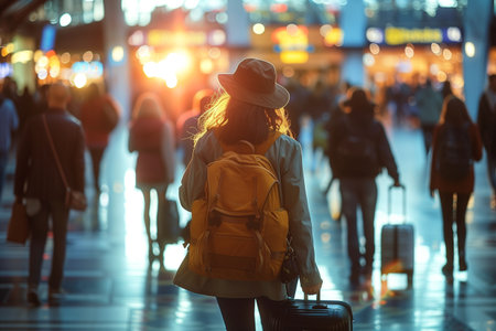 Young woman with backpack and suitcase walking through airport terminalの素材