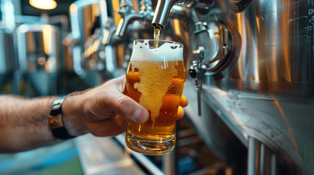 Pouring fresh draft beer into glass from tap in modern brewery. Beer production conceptの素材