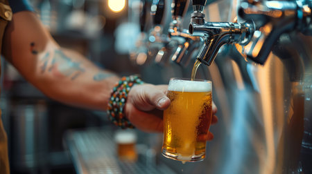 Pouring fresh draft beer into glass from tap in modern brewery. Beer production conceptの素材