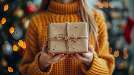Close-up of a woman in a cozy oversized mustard yellow sweater holding wrapped Christmas presentの素材