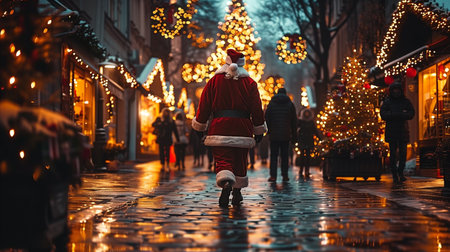 Santa Claus walking on festive Christmas street with holiday lights and decorationsの素材
