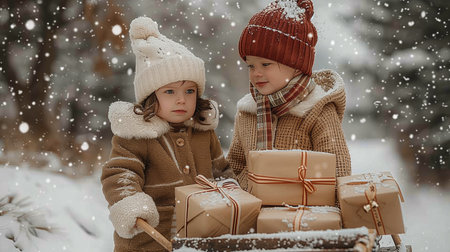 Two little children in vintage winter clothes, standing by wooden sled with Christmas presentsの素材