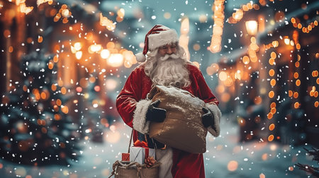 Santa Claus with gift bag walking on festive Christmas street with holiday lights and decorationsの素材
