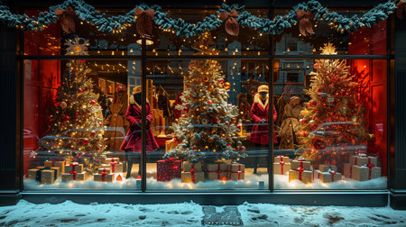 Luxury Christmas store window display with festive mannequins, decorated trees and holiday lightsの素材