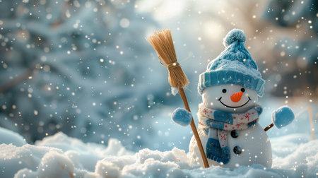 Cute snowman with blue hat and scarf standing in snowy winter Christmas landscapeの素材