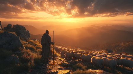 Shepherd jesus christ guiding sheep in a sunlit field with a serene bokeh silhouette backgroundの素材