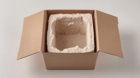 Open cardboard box with eco-friendly mushroom mycelium packaging insert on white backgroundの素材