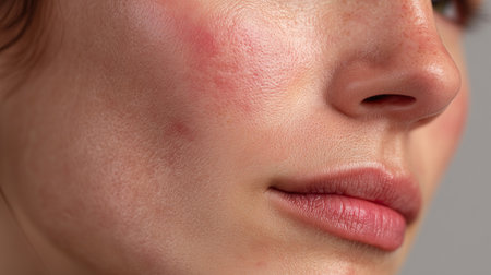 Close up of irritated skin on female face with redness and rosaceaの素材