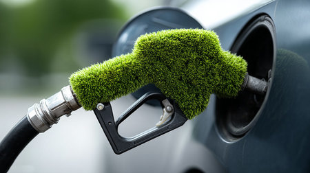 Green grass covered fuel nozzle symbolizing eco friendly energy conceptの素材