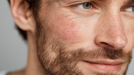 Close up of male face with skin redness and rosacea irritationの素材