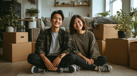 Happy asian couple sitting on floor in new apartment surrounded by boxesの素材
