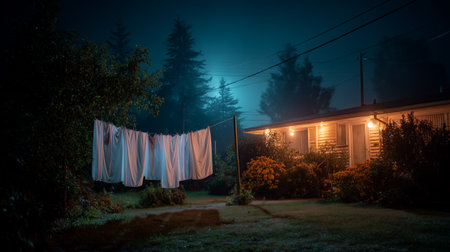 Halloween night scene with white sheets hanging on clothesline near spooky houseの素材