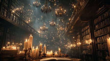 Halloween magical library with floating candles and old books at nightの素材