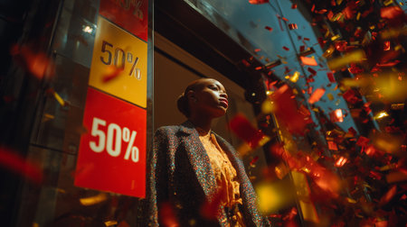 Stylish woman standing near shop entrance with 50 percent sale signs and flying confettiの素材