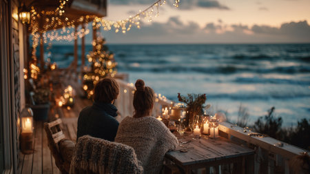Couple enjoying cozy Christmas dinner on decorated terrace by the sea at sunsetの素材
