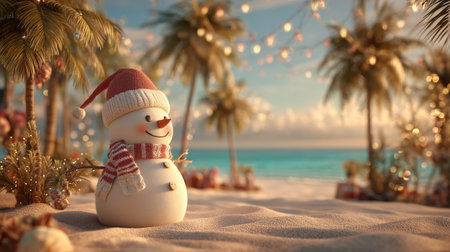Smiling snowman with Santa hat on tropical beach with palm trees at Christmasの素材