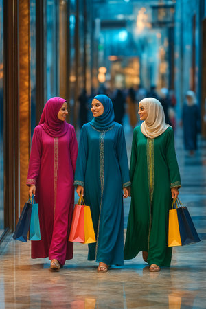 Three smiling women in colorful hijabs walking with shopping bags in modern mallの素材