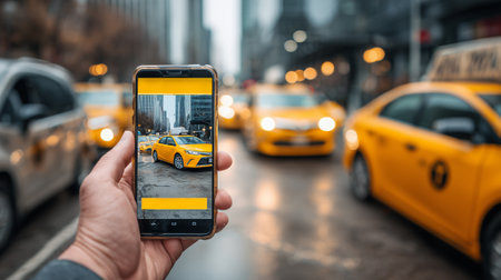 Person using taxi-hailing app on smartphone in rainy city streetの素材