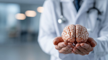 Doctor holding anatomical brain model in medical clinic symbolizing mental healthの素材