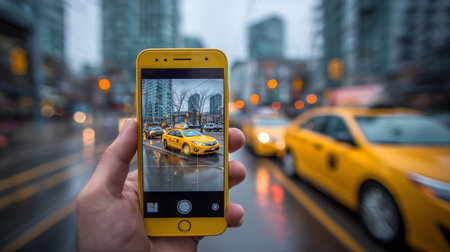 Person taking photo of yellow taxis on rainy city street with smartphoneの素材