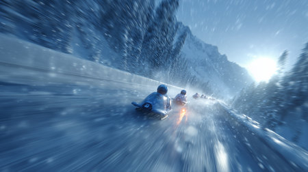 Athletes racing in bobsleigh on icy winter track in snowy mountains at high speedの素材