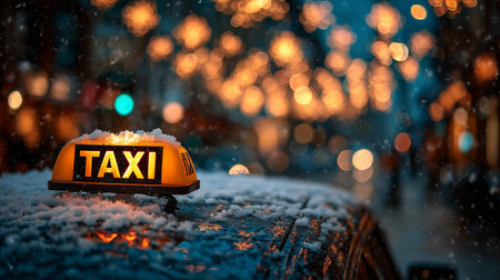 Taxi sign glowing on snowy car roof in winter city eveningの素材