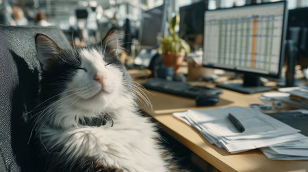 Relaxed office cat enjoying sunlight at workplace deskの素材