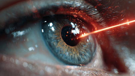 Laser eye surgery close-up of human iris during vision correction procedureの素材
