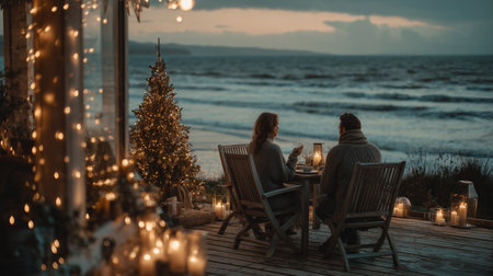Couple enjoying cozy Christmas dinner on decorated terrace by the sea at sunsetの素材