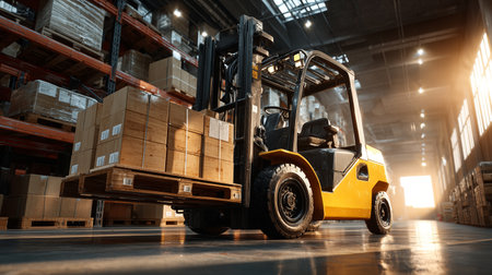Yellow forklift lifting pallet of boxes in large warehouse at sunriseの素材