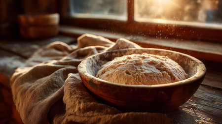 Rising dough in wooden bowl on rustic windowsill in warm morning lightの素材