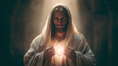 Jesus holding glowing sacred heart in warm divine light, symbolizes love, compassion, and divine lightの素材
