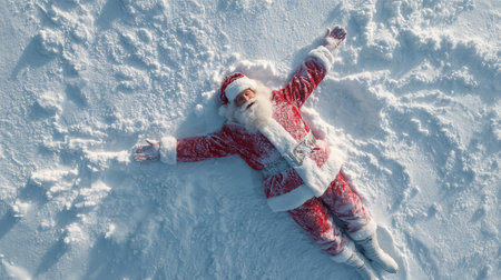 Santa Claus lying in fresh snow making winter snow angelの素材