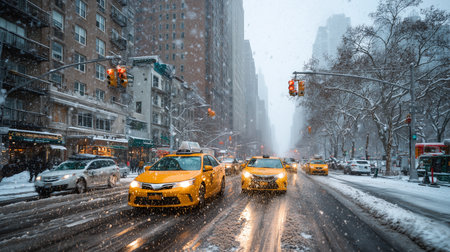 Yellow taxis driving through snowy city street during heavy winter stormの素材