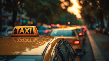 Yellow taxi in evening city traffic with blurred lightsの素材