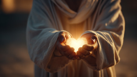 Jesus holding glowing sacred heart in warm divine light, symbolizes love, compassion, and divine lightの素材