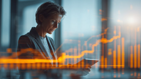 Businesswoman analyzing digital financial data on tabletの素材