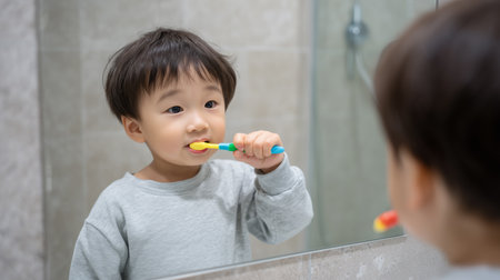 Little asian boy brushing teeth and looking in bathroom mirrorの素材