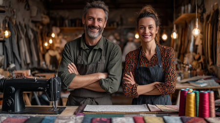 Smiling tailors standing in workshop with sewing machine and fabricsの素材