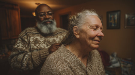 Elderly couple sharing tender momentas man gently helps woman at homeの素材